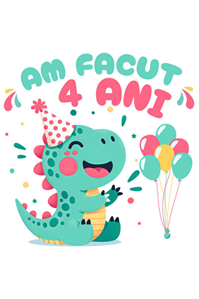 StoryGift Romania Sticker Autocolant 70CM cu Dinozaur Cu Coif Petrecere Si Baloane Text Am Facut 4 Ani, Aniversa