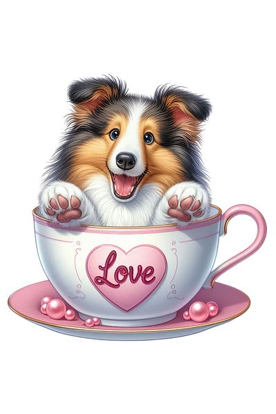 StoryGift Romania Sticker Eticheta 50CM cu un caine jucaus, ilustratie, sta intr-o ceasca, vesel, neastamparat,