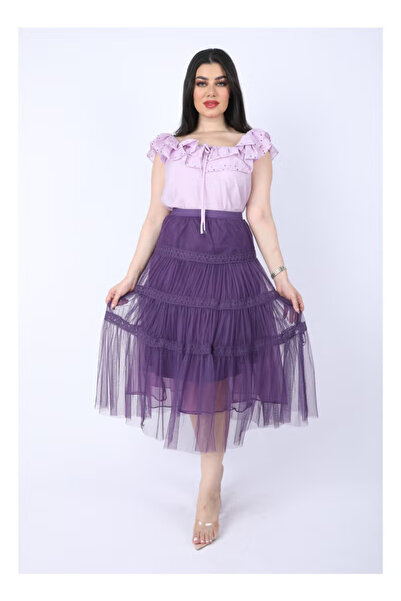 FULLJOY Elegant two-piece set: a mauve blouse and a purple tulle skirt