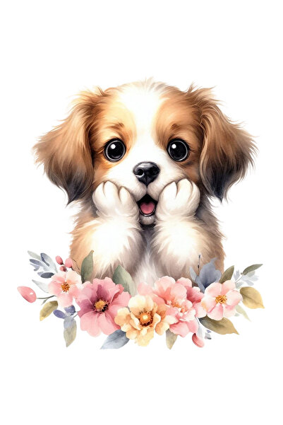 StoryGift Romania Sticker Autocolant 70CM cu un catelus uimit, socat, floricele cu diferite culori, mirat, pentr