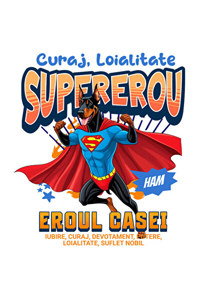 StoryGift Romania Sticker Eticheta 40CM cu Doberman Pinscher Caine In Costum de SuperMan cu Pelerina, Erou Noctu