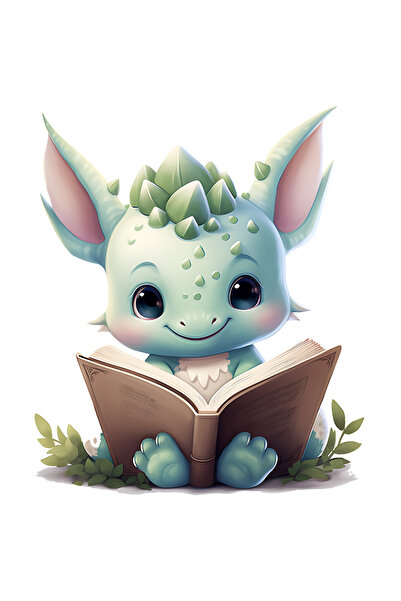 StoryGift Romania Sticker Autocolant 70CM cu un dinozaur micut, verde, citeste o carte, ilustratie, studiu, inva