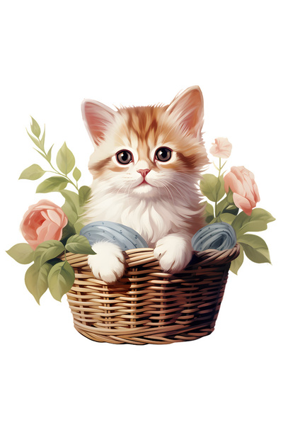 StoryGift Romania Sticker Autocolant 70CM cu o pisicuta care sta intr-un cosulet, ilustratie, flori, plante, nat