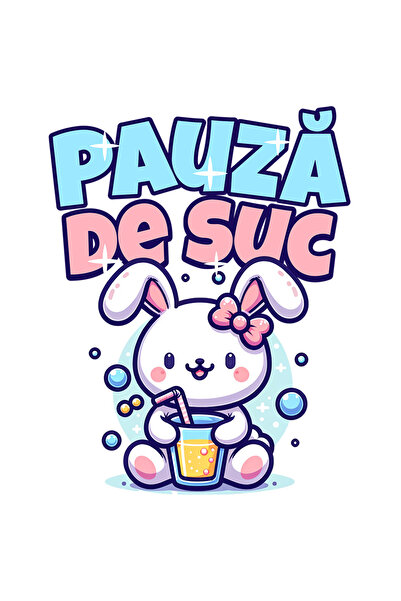 StoryGift Romania Sticker Cu Iepure Roz Cu Pahar Cu Suc Text Pauza De Suc Cop...