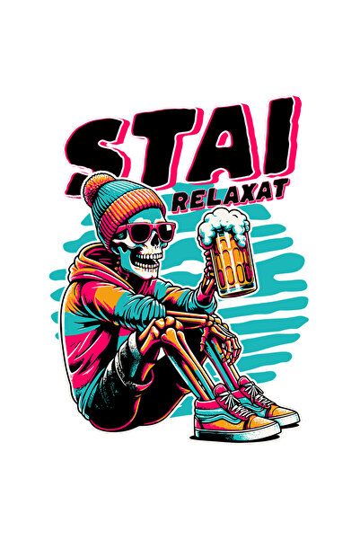 StoryGift Romania Sticker Eticheta 50CM Adeziv Schelete cu bere si ochelarii Stai relaxat cu Margini Albe, PVC V