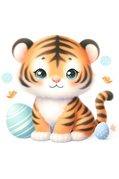 StoryGift Romania Sticker Label 50CM with a good tiger cub, illustration, painted eggs, birds, animal
