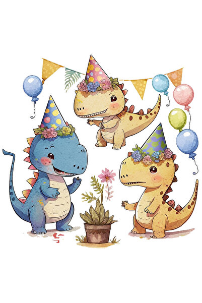 StoryGift Romania Sticker Adeziv 90CM cu niste dinozauri la o petrecere, ilustratie, floare, baloane, aniversare