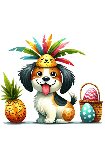 StoryGift Romania Sticker Eticheta 40CM cu un catel vesel, limba scoasa, ilustratie, jucaus, ananas, nebunatic,