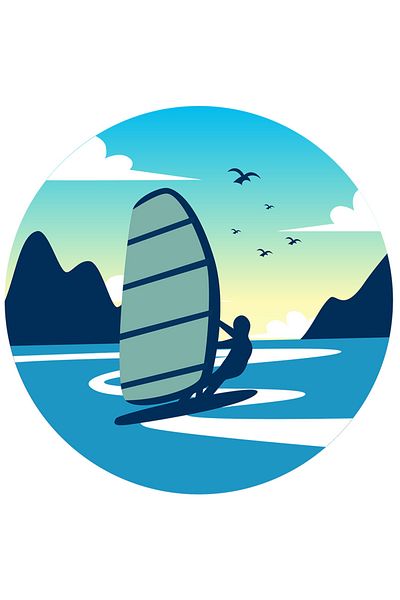StoryGift Romania Sticker Adeziv 90CM Cu Windsurfing, Sport, Apa, Cer, Pasari, cu Margini Albe, PVC Vinyl 90 cm