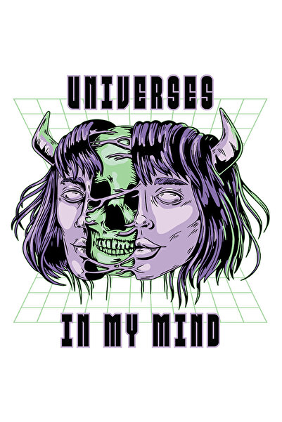 StoryGift Romania Sticker Eticheta 50CM Cu Schelete De Om Verde Portre Femeie Mov Cu Coarne, Mesaj In Engleza Un