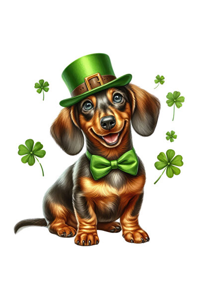 StoryGift Romania Sticker Autocolant 70CM cu un catelus Dackshund fericit, ilustratie, palarie verde, trifoi cu