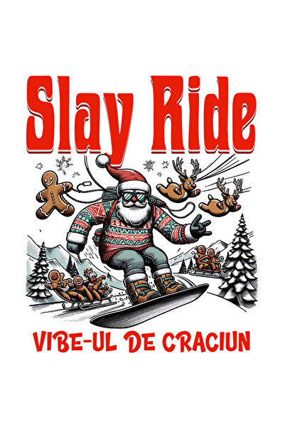StoryGift Romania Sticker Autocolant 70CM cu Mos Craciun Cu Pulover Haios Pe Placa Snowboard Text Slay Ride Vibe