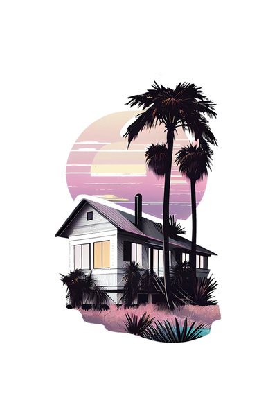 StoryGift Romania Sticker Cu Peisaj Tropical, Cabana In Apus De Soare, Copaci Exotici, Vacanta, Happy Holida