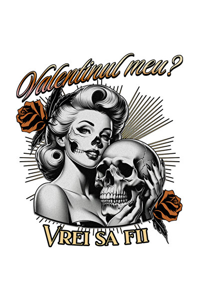 StoryGift Romania Sticker Eticheta 40CM Adeziv Fata cu cap de craniu text vrei sa fii valentinul meu cu Margini