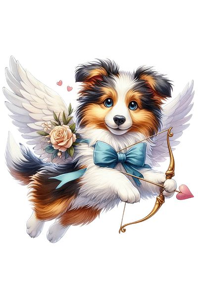 StoryGift Romania Sticker Eticheta 40CM cu un catel fericit care trage cu arcul, ilustratie, Cupidon, trandafir