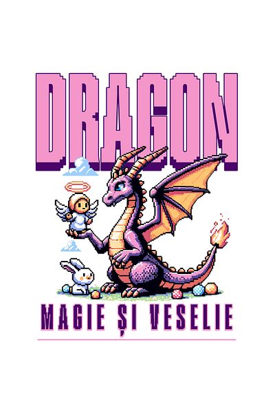 StoryGift Romania Sticker Autocolant 70CM Adeziv Dragon cu ingeras joc video . Magie și veselie cu Margini Albe,