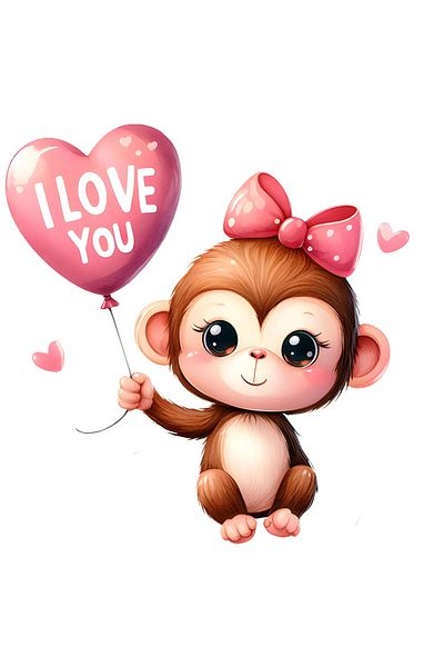 StoryGift Romania Sticker Eticheta 40CM cu o maimutica dragalasa, ilustratie, mesajul "I love you" scris pe un b