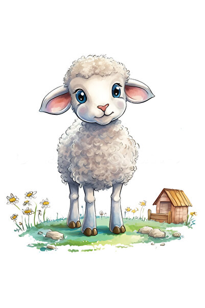 StoryGift Romania Sticker Autocolant 70CM cu o oita, ilustratie, animal domestic, natura, iarba, floricele, surp