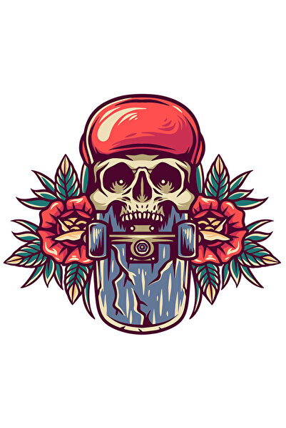 StoryGift Romania Sticker Eticheta 40CM Cu Craniu, Skateboard, Flori, Frunze, Sapca, Roti, cu Margini Albe, PVC