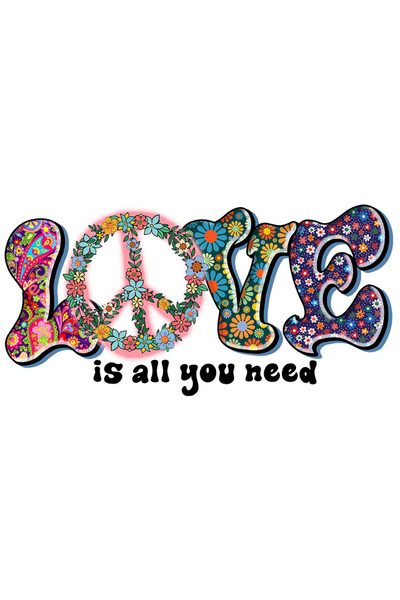 StoryGift Romania Sticker Autocolant 70CM cu mesajul "Love is all you need", litere cu flori, semnul pacii, nevo