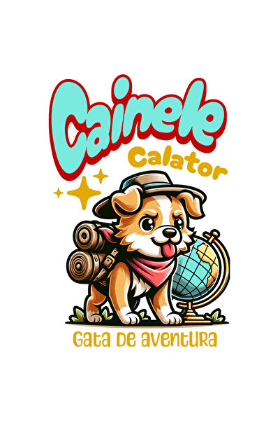 StoryGift Romania Sticker Autocolant 70CM cu Caine Gata De Aventura Cu rucsac De Drumetie Text Caine Calator cu