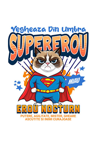 StoryGift Romania Sticker Cu Scottish Fold Caine In Costum De Superman Cu Pelerina, Erou Nocturn, Desene Ani