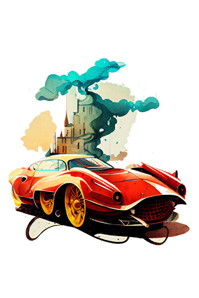 StoryGift Romania Sticker Cu Masina Sport Rosie, Cladiri Inalte In Spate, Car...