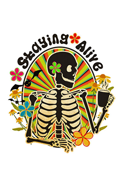 StoryGift Romania Sticker Eticheta 40CM cu schelet cu mesajul "Staying alive", stilul hippie, cultura, ilustrati