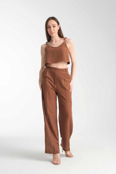 İLKCET MODA Bead Detailed Linen Bottom Top Women's Set
