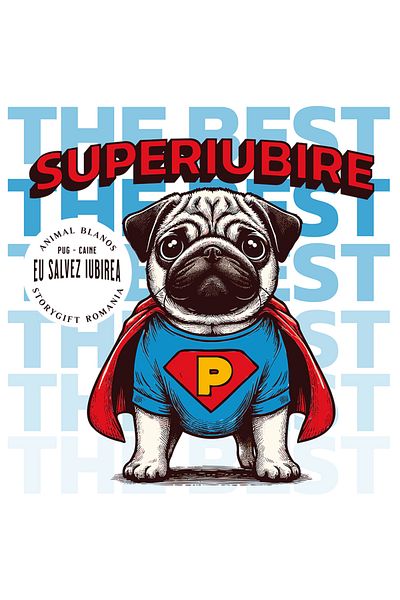 StoryGift Romania Sticker 10 Cm Adeziv Caine Pug Eroul Salvarii Iubirii Animal Cu Margini Albe, Pvc Vinyl 10 Cm