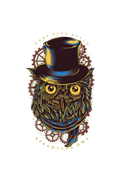 StoryGift Romania Sticker Adeziv 90CM Cu Portret Bufnita Cu Palarie Inalta Si Ochelar Vintige, Cu Esarfa Albastr