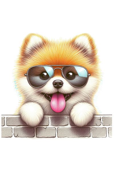 StoryGift Romania Sticker Autocolant 70CM cu un catel Akita Inu care se uita peste zid, ilustratie, limba scoasa