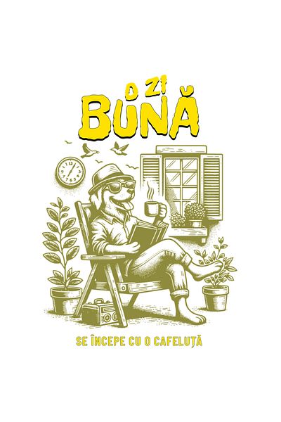 StoryGift Romania Sticker Adeziv Caine Relaxandu-se Si Citind Mesaj Haios O Zi Buna Incepe Cu O Cafeluta Cu