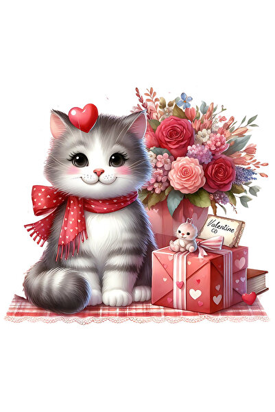 StoryGift Romania Sticker Adeziv 90CM cu o pisicuta care zambeste, ilustratie, buchet cu flori, cadou, inimioare