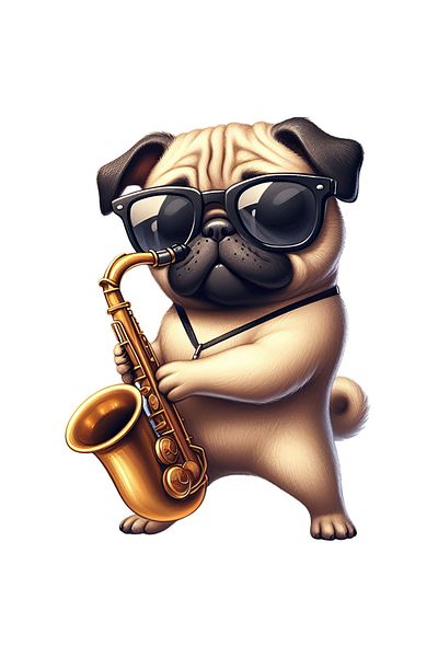 StoryGift Romania Sticker Adeziv 90CM cu un caine Pug care canta la saxofon, ilustratie, ochelari, concert, even