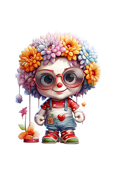 StoryGift Romania Sticker Eticheta 40CM cu un baietel clovn, ilustratie, joker, flori pe cap, circ, vopsea care