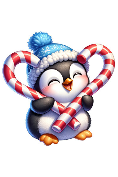 StoryGift Romania Sticker Autocolant 70CM cu un pui de pinguin care tine 2 acadele, ilustratie, dulciuri, fes, f