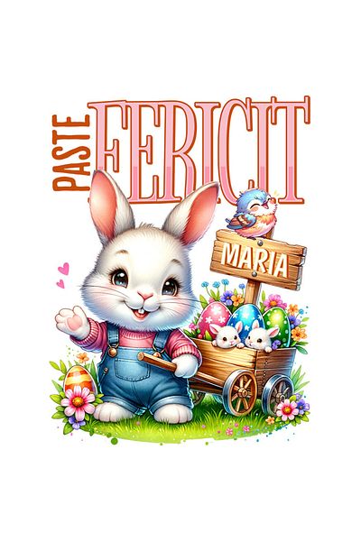 StoryGift Romania Sticker Eticheta 50CM cu Iepure Alb Cu Salopeta De Denim Carucior Cu Oua Colorate Pascal text