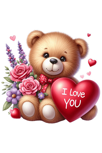 StoryGift Romania Sticker Autocolant 70CM cu un urs de plus care tine o inima pe care scrie "I love you", ilustr