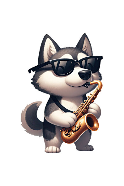 StoryGift Romania Sticker Autocolant 70CM cu un caine Husky care canta la saxofon, ilustratie, ochelari de soare