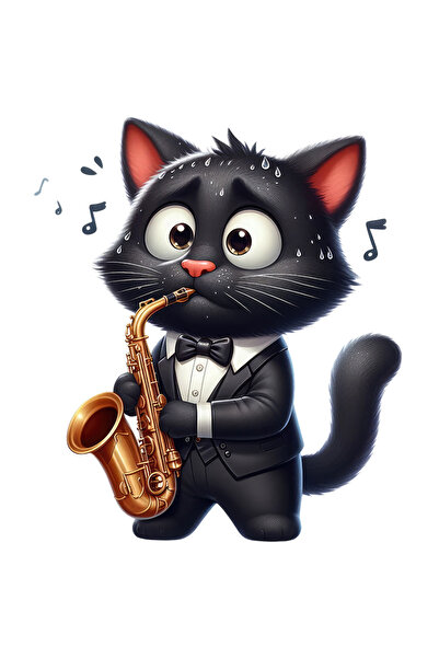 StoryGift Romania Sticker Autocolant 70CM cu o pisica neagra care canta la saxofon, ilustratie, emotionata, cost
