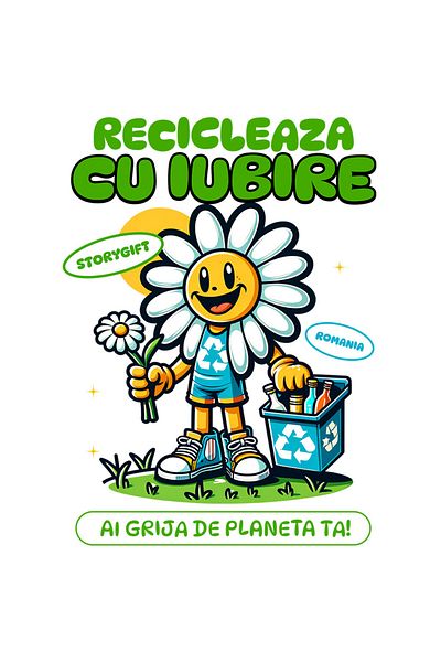 StoryGift Romania Sticker Label 50CM with Daisy Flower Recycling Empty Bottles Text Recycle With Love You