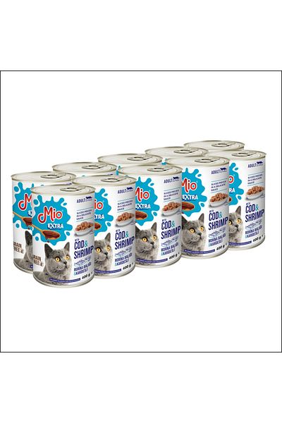MİO Cat food❤️ Adults, Mio Extra Cat Super Premium, cod and shrimp, pack of 10 cans for cats 400g