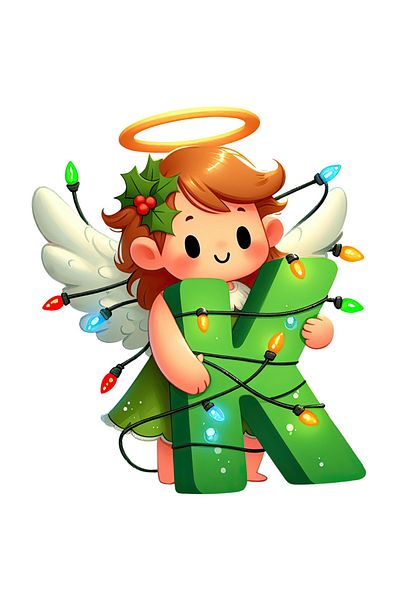 StoryGift Romania Sticker Eticheta 50CM cu o fetita cu aripi de ingeras care tine litera "K", ilustratie, lumini
