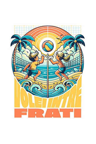 StoryGift Romania Sticker Eticheta 40CM Adeziv Volei intre frati pe plaja, iubitorii de volei cu Margini Albe, P