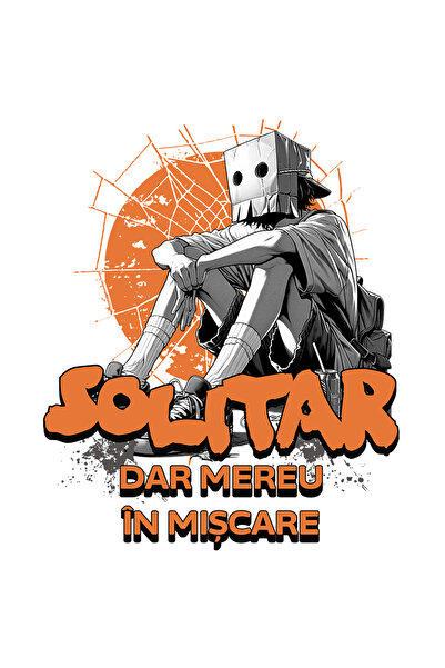 StoryGift Romania Sticker Eticheta 40CM Adeziv Om cu cutie pe cap Solitar, dar mereu în miscare cu Margini Albe,