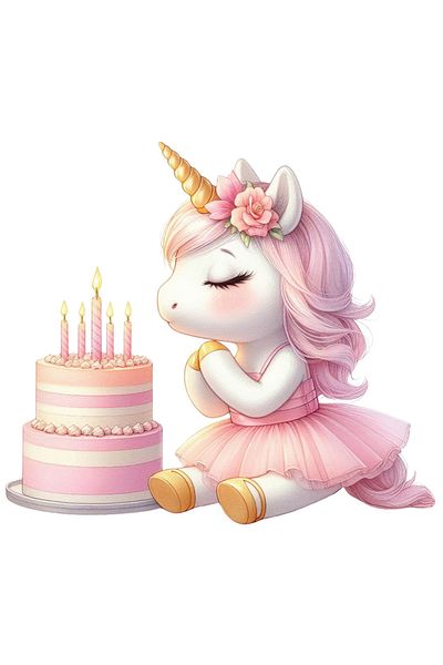StoryGift Romania Sticker Eticheta 40CM cu un unicorn la aniversare, ilustratie, tort, lumanari aprinse, floare,