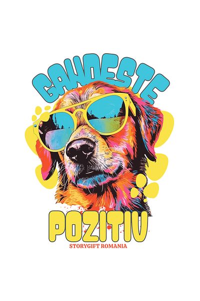 StoryGift Romania Sticker Adeziv 90CM Adeziv Caine cu ochelari text gandeste pozitiv cu Margini Albe, PVC Vinyl 90 cm