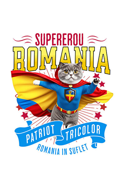 StoryGift Romania Sticker 70CM with Scottish Fold Cat in Captain Romania Costume with Cape, Hero