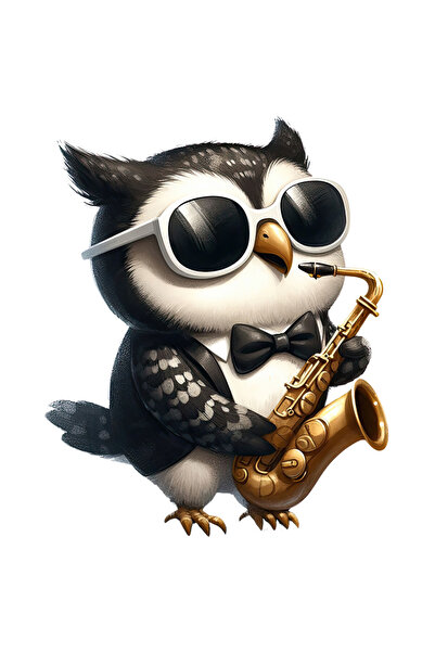 StoryGift Romania Sticker Eticheta 40CM cu o bufnita, ilustratie, papion, canta la saxofon, ochelari, muzica, in